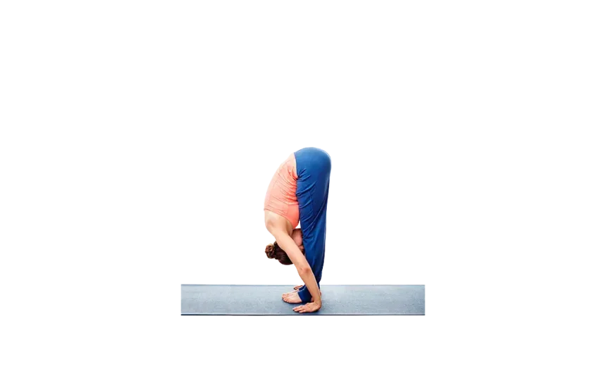 A yoga practitioner keeping a long spine and deeply stretching their legs in Padahastasana Hand-to-Foot Pose.