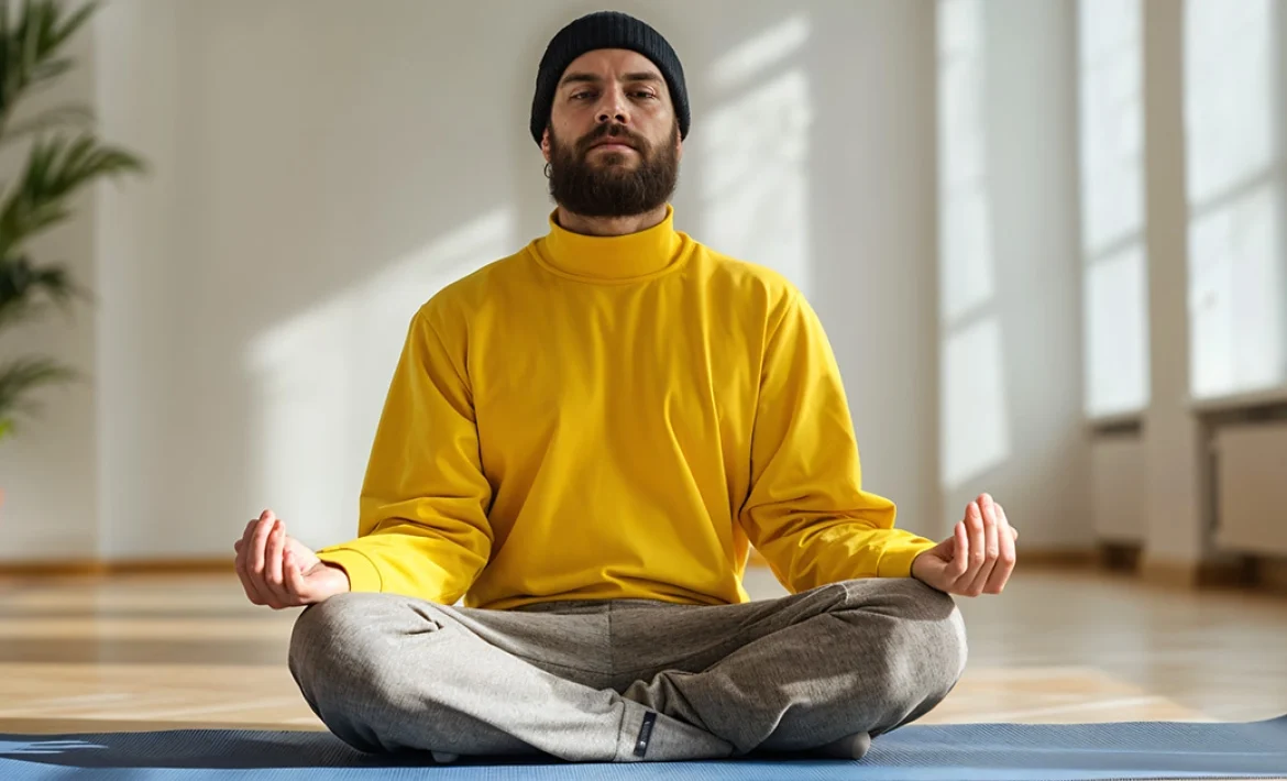 A yoga practitioner demonstrates proper pelvis propping and neutral spinal alignment while seated in Sukhasana.
