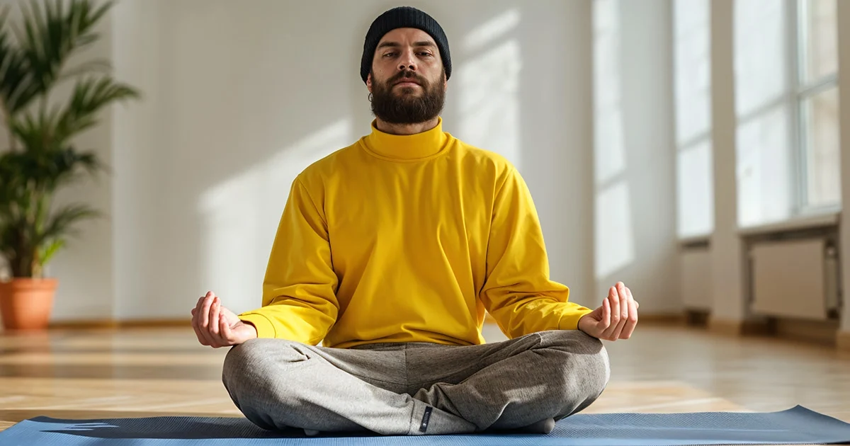 A yoga practitioner demonstrates proper pelvis propping and neutral spinal alignment while seated in Sukhasana.