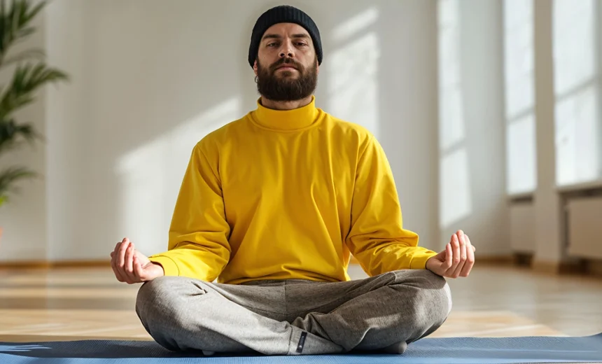 A yoga practitioner demonstrates proper pelvis propping and neutral spinal alignment while seated in Sukhasana.
