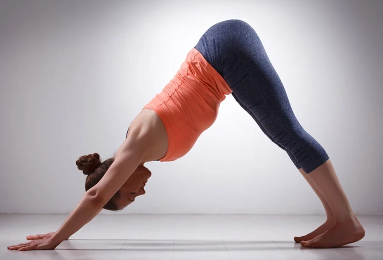 A yoga practitioner demonstrates correct alignment in Adho Mukha Svanasana, extending the spine and heels while pressing firmly through the palms.